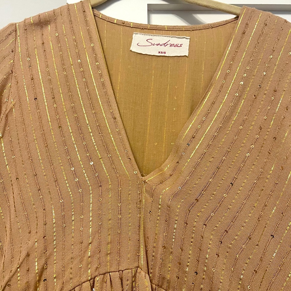 Tan/gold sequin dress! Altered to be less plunging in the chest area.
